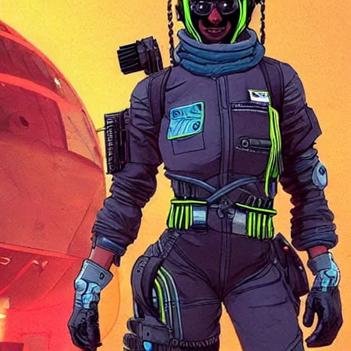 Image similar to Hosea. Apex legends cyberpunk pilot in jumpsuit. Concept art by James Gurney and Mœbius.