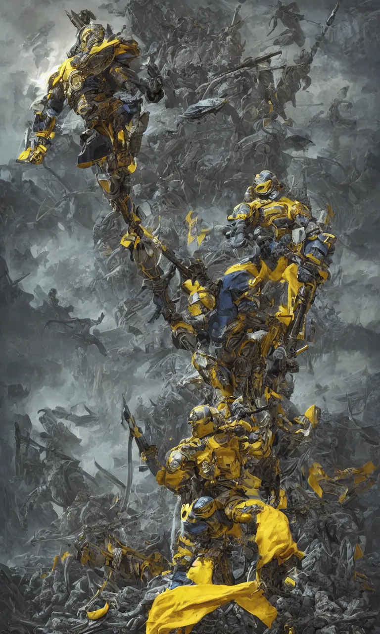 Image similar to a distant shot of a super soldier with blue and yellow flag and a trident symbol standing alone on a huge pile of skulls as a winner, masculine figure, D&D, fantasy, intricate, elegant, highly detailed, extremely detailed, digital painting, artstation, concept art, matte, smooth, sharp focus, illustration, art by Artgerm and Greg Rutkowski and Alphonse Mucha