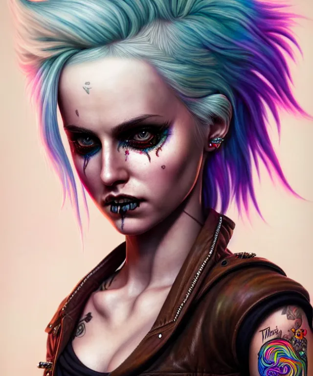 Image similar to ciri dressed as a punk, side buzzed, rainbow hair, tattoos, face piercings, beautiful, highly detailed face, true anatomy!, extremely detailed!, digital painting, unreal engine 5, art by tom bagshaw