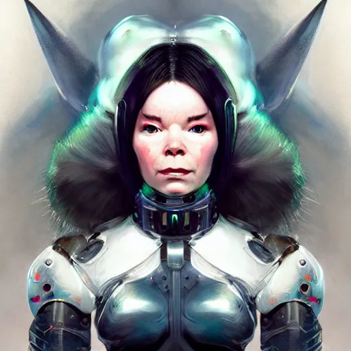 Image similar to bjork as a cyborg, fantasy, portrait, highly detailed, digital painting, trending on artstation, concept art, sharp focus, illustration, art by artgerm and greg rutkowski and magali villeneuv