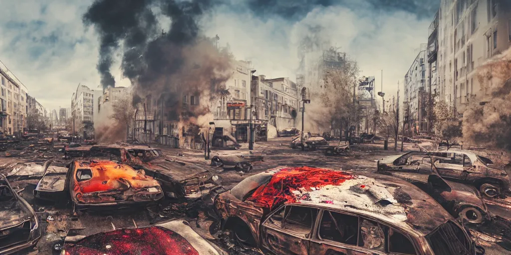 Image similar to post - apocalyptic kreuzberg streets covered in colorful smoke, burned cars, explosions, hyperrealistic, gritty, damaged, drone photography, photorealistic, high details