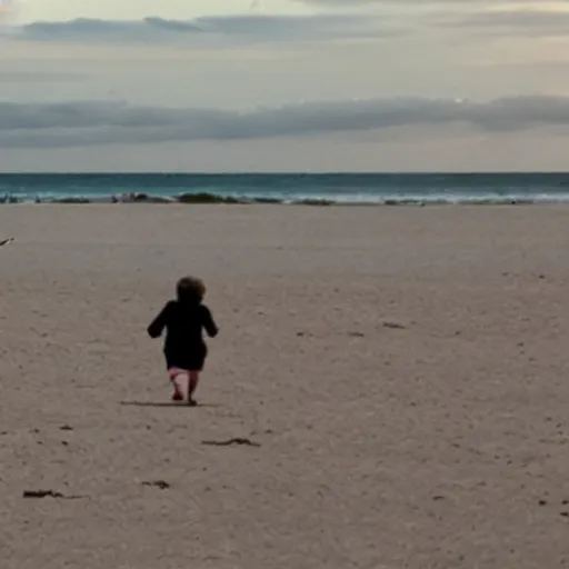 Prompt: a very very very giant bunny walking its tiny tiny owner on the beach. hyperreal.