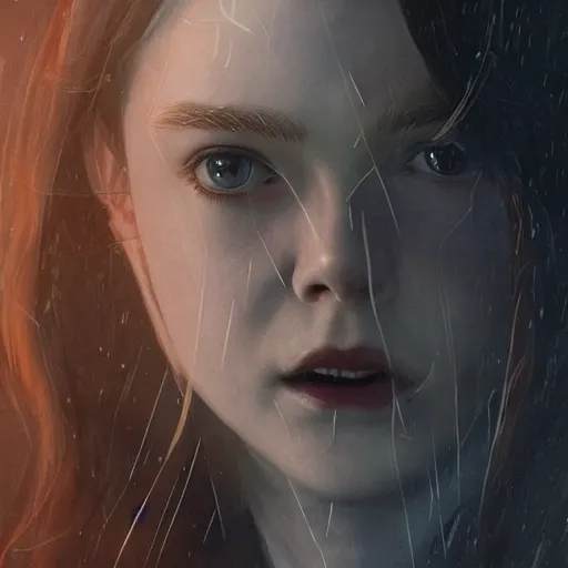 Prompt: elle fanning as a vampire in prey and dishonored, heavy rain, wind, thunder, reflections, deep focus, d & d, fantasy, intricate, elegant, highly detailed, digital painting, artstation, concept art, matte, sharp focus, illustration, hearthstone, art by artgerm and greg rutkowski and alphonse mucha