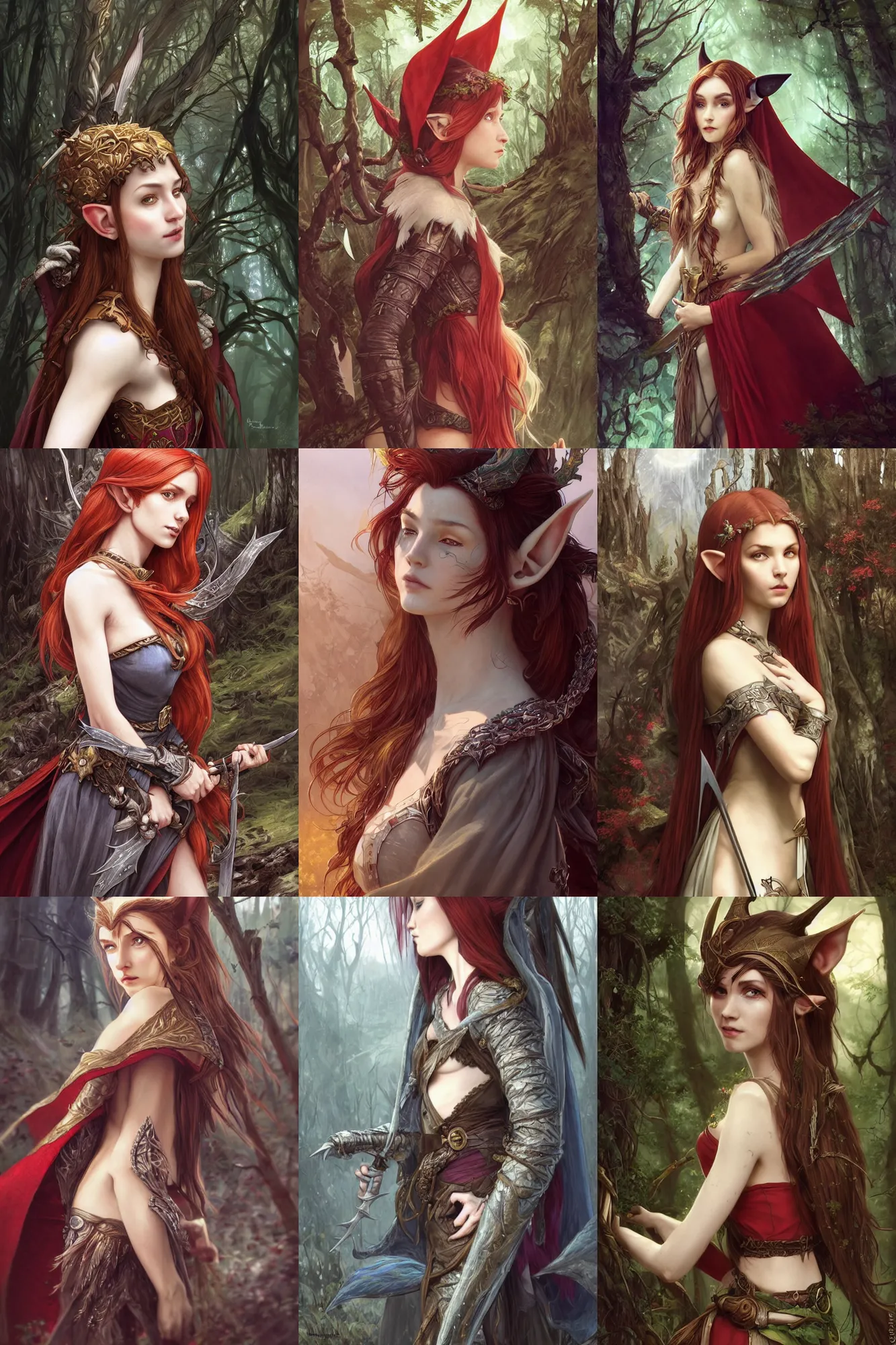 Prompt: side portrait high-fantasy elf girl with detailed pointed shar long ears, adventurer outfit large cloak, fantasy forest landscape, moonshine, fantasy magic, feathery red hair, dark light night, intricate, elegant, sharp focus, illustration, highly detailed, digital painting, concept art, matte, art by WLOP and Artgerm and Greg Rutkowski and Alphonse Mucha, masterpiece