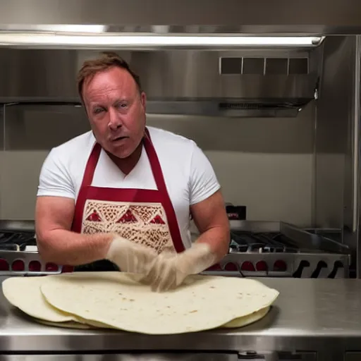 Prompt: Alex jones making tortillas in a kitchen, 8k