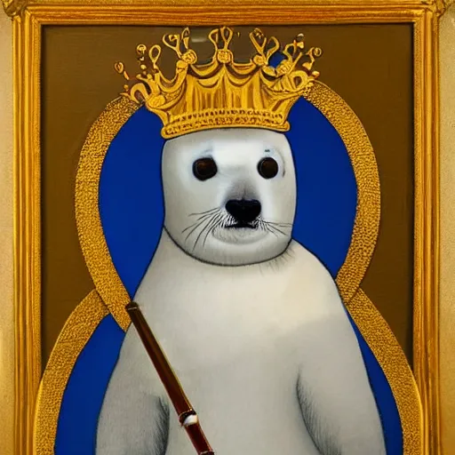 Image similar to oil painting of a baby harp seal dressed as a medieval king in golden medieval armor and wearing a golden crown, holding a royal scepter, in the style of a Byzantine painting