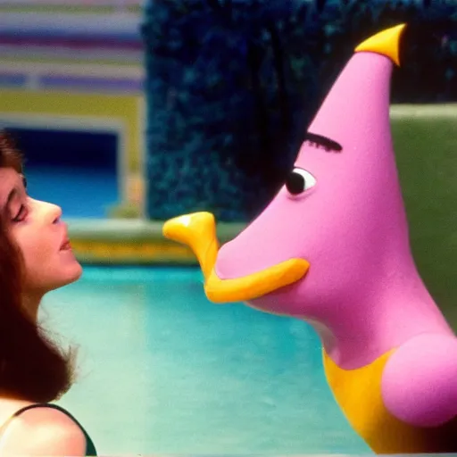 Image similar to a woman and her friend an anthropomorphic nostril in a swimming pool live-action childrens television show 1974 technicolor