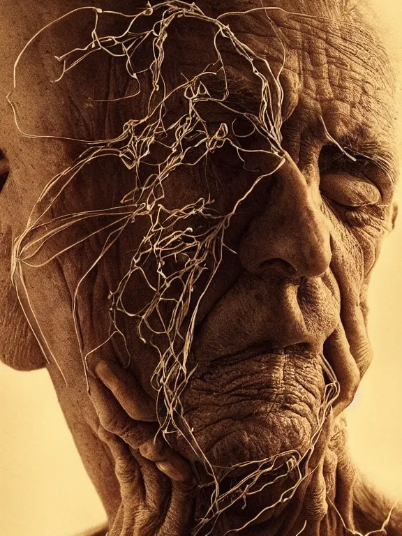 Image similar to portrait of old man, skin peeling to reveal cybernetics, wires, art by ryo shiotani and greg rutkowski, intricate, beautiful, portrait photography, cinematic lighting, vintage art by serge ivanoff, high resolution, very detailed