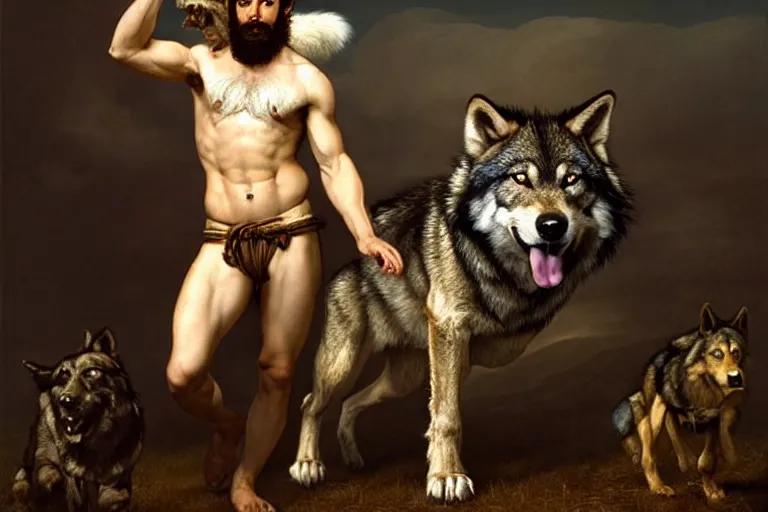 Image similar to renaissance painting full body portrait of a gruff ranger with his pet wolf, lean and toned, handsome face, hairy chest and hairy body, D&D, intricate, elegant, highly detailed, digital painting, artstation, concept art, matte, sharp focus, chiaroscuro, well list, illustration, art by da Vinci, Artgerm and Greg Rutkowski and Alphonse Mucha