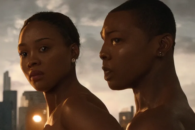 Image similar to movie powerful mutant heroes interracial couple closeup, DC Marvel fashion, VFX powers at night in the city, city street, beautiful skin, natural lighting by Emmanuel Lubezki