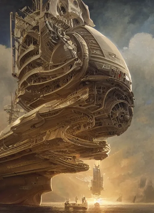 Image similar to epic concept illustration | highly detailed | intricate mechanical design | star fleet nautilus ship being prepared for launch | by greg rutkowski and alphonse mucha. uhd | amazing depth | cinematic lighting