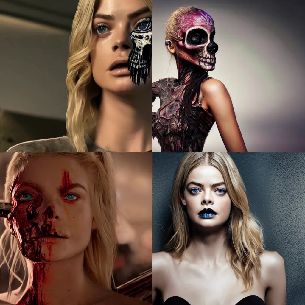 Prompt: Unreal engine, Samara Weaving with skull paint, full body, holding a shotgun