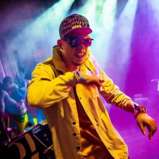 Image similar to a bad bunny the singer dancing at a reggaeton party