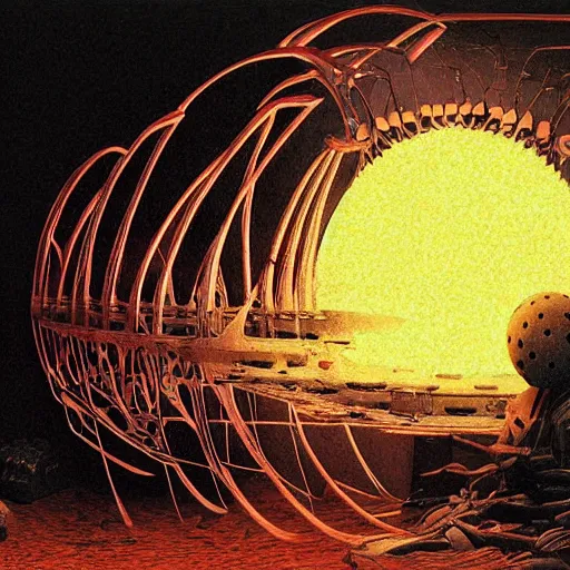 Image similar to ancient technology artifact with glowing parts in the dark, by wayne barlowe and santiago calatrava