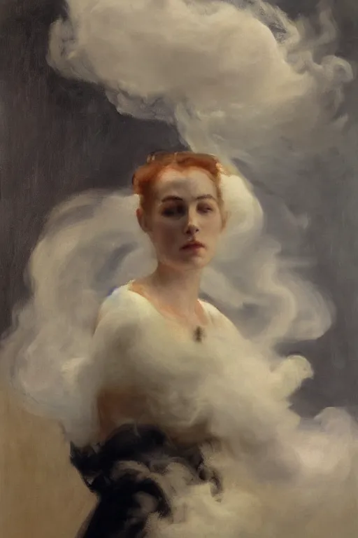 Image similar to 4k Detailed portrait by John Singer Sargent of A woman shrouded in a cloud of smoke