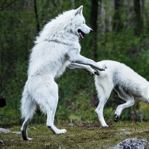 Prompt: a white wolf challenges the pack leader , moonlight.