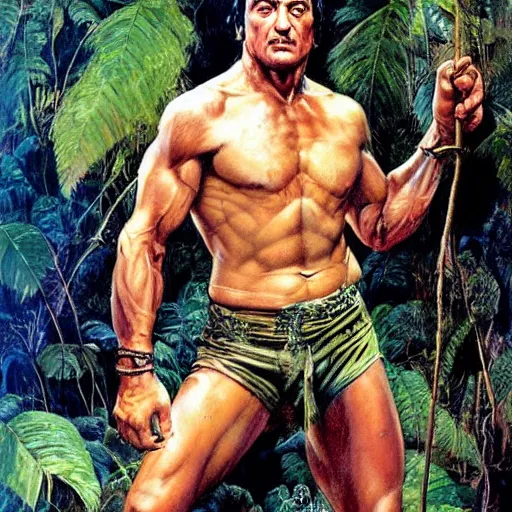 Prompt: color portrait of sylvester stallone in the jungle by frank frazetta