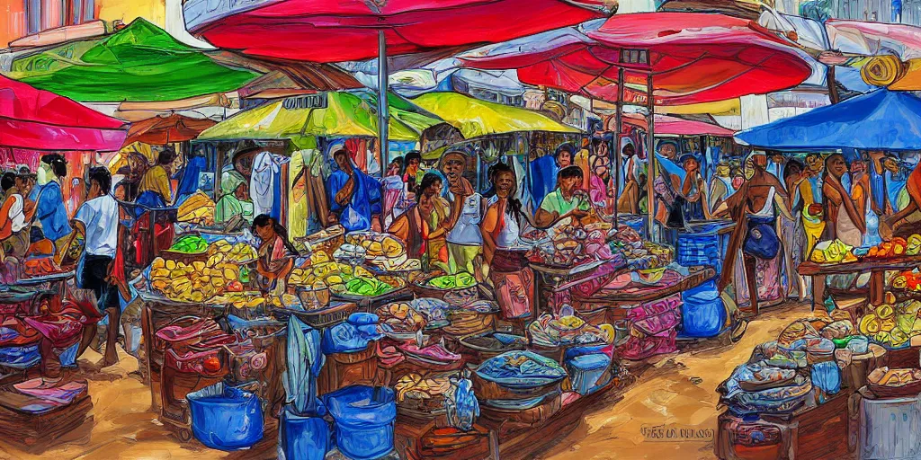 Prompt: prosperous markets in salvador bahia Brazil, digital painting