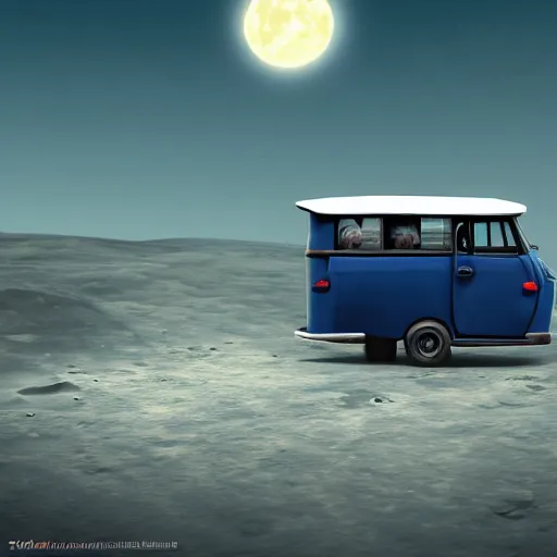 Image similar to a dark blue tuk tuk traveling on the surface of the moon, moon craters, night sky, milky way, hard lighting, matte painting, concept art, 4k