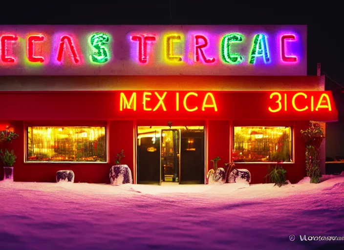 Image similar to exterior photo of a mexican restaurant, neon lights, in a flat snowy field. 35mm. Very detailed 8k. Sharp. Cinematic post-processing. Unreal engine. Nanite. Ray tracing. Parallax. Tessellation