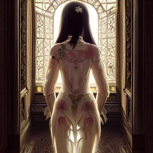 Image similar to beautiful girl in intricate clothing walking through a hallway of mirrors, reflections, very high intricate details, painting, digital anime art, medium shot, mid - shot, wlop, ilya kuvshinov, artgerm, krenz cushart, greg rutkowski, sana takeda