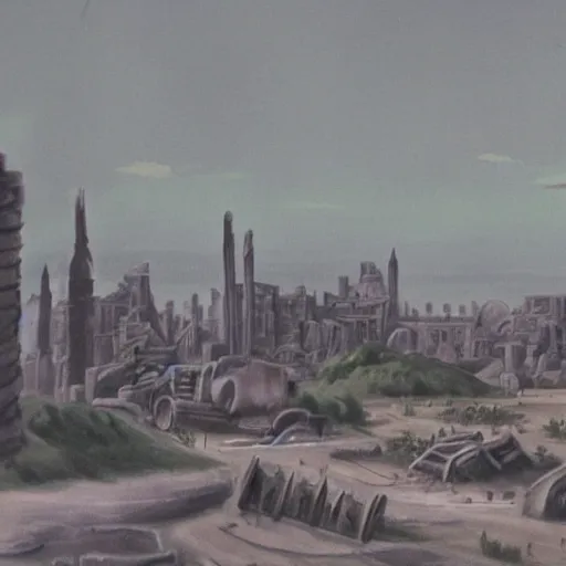 Image similar to 1 9 4 8 unused disney matte painting of a wasteland with the ruins of a modern city in the distance.