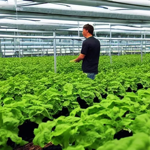 Prompt: man looking over hydroponic farm, satisfied, working, happy, hd