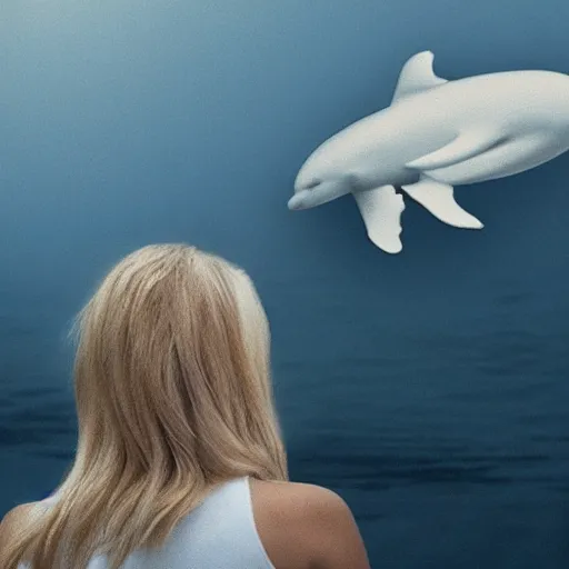 Image similar to a hyper realistic image of a very beautiful blond girl standing near a window, she is facing the camera, a Beluga is swimming in the sky