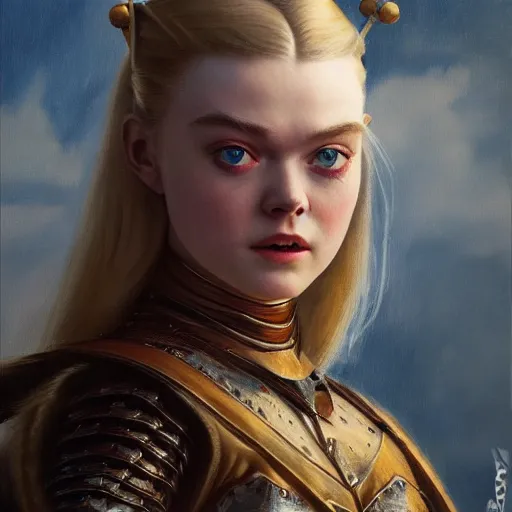 Prompt: ultra realistic portrait painting of elle fanning as a medieval knight, art by frank frazetta, 4 k, ultra realistic, highly detailed, epic lighting