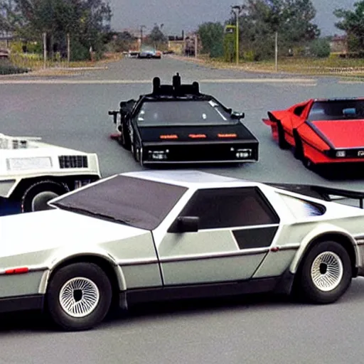 Prompt: a car race between KITT, ecto-1, A-Team van, and doc brown's Delorean