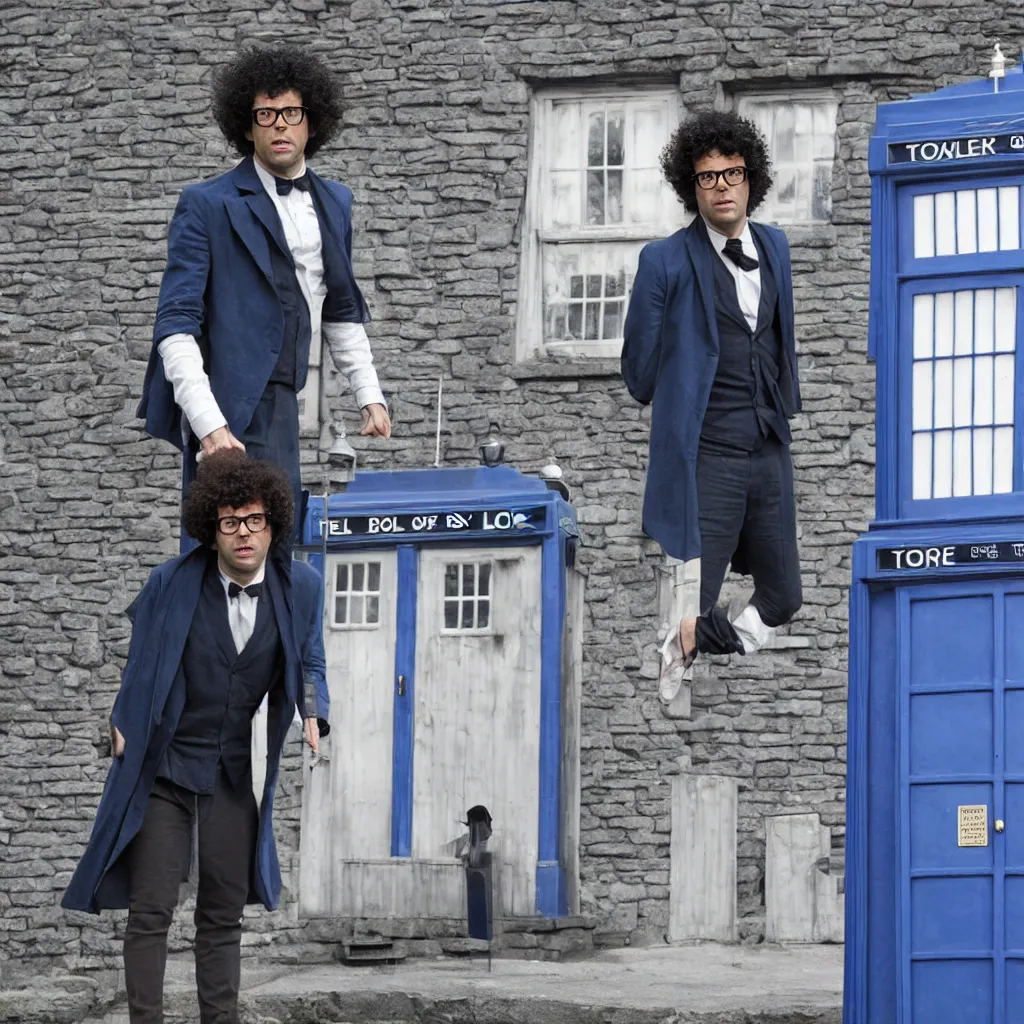 Image similar to Richard Ayoade as the Doctor, in front of the TARDIS