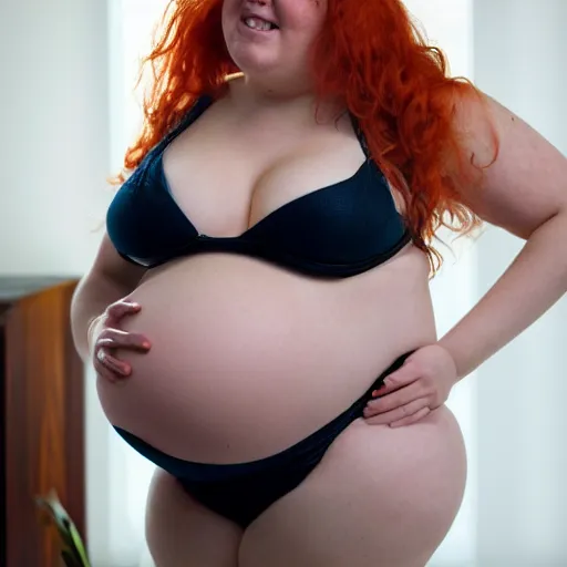 Prompt: pregnant obese redheaded girl in bikini, working at a brothel