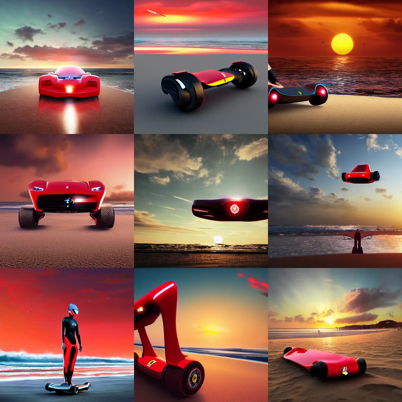 Prompt: concpet art featuring a futuristic red ferrari style hoverboard on at the beach at sunset. fine detail. surf. this 4 k hd image is trending on artstation, featured on behance, well - rendered, extra crisp, features intricate detail, epic composition and the style of unreal engine.