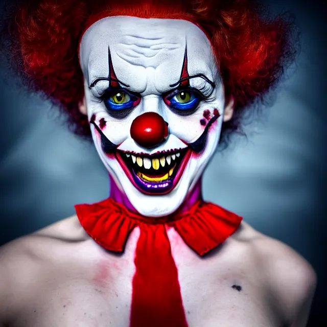 Prompt: full length photo of a beautiful female killer clown, highly detailed, 8 k, hdr, close up, smooth, sharp focus, high resolution, award - winning photo