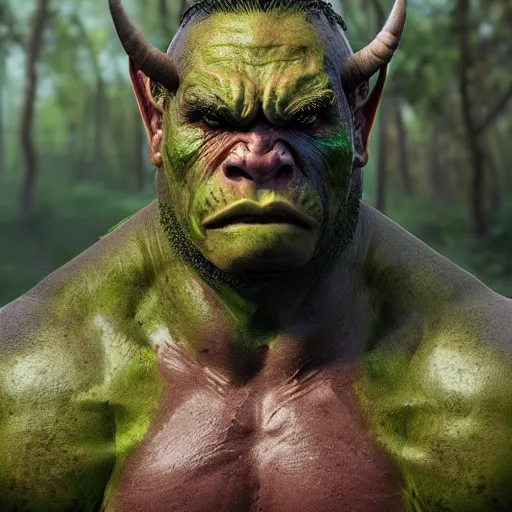 Image similar to A comic book style portrait painting of a fantasy orc warrior male in a swamp setting, unreal 5, DAZ, hyperrealistic, octane render, RPG portrait, ambient light, dynamic lighting