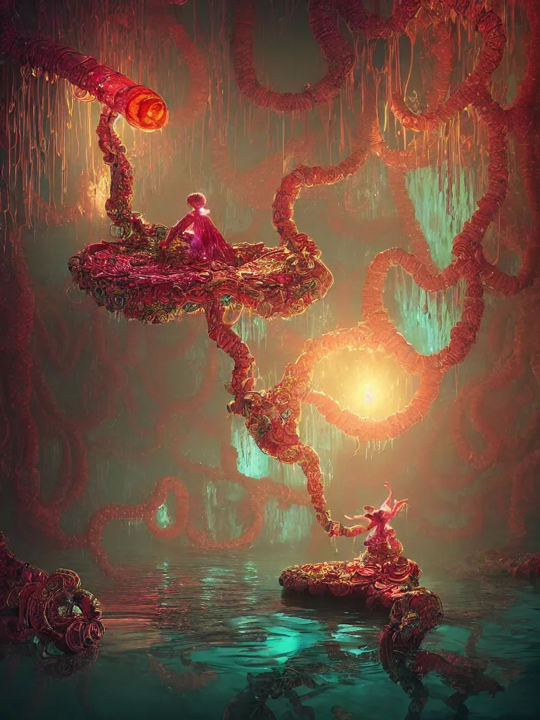 Prompt: macro, candy creature in candyland, water reflection, night, backlit, warm tones, bioluminescent : by michal karcz, daniel merriam, victo ngai and guillermo del toro : ornate, dynamic, particulate, intricate, elegant, highly detailed, centered, artstation, smooth, sharp focus, octane render