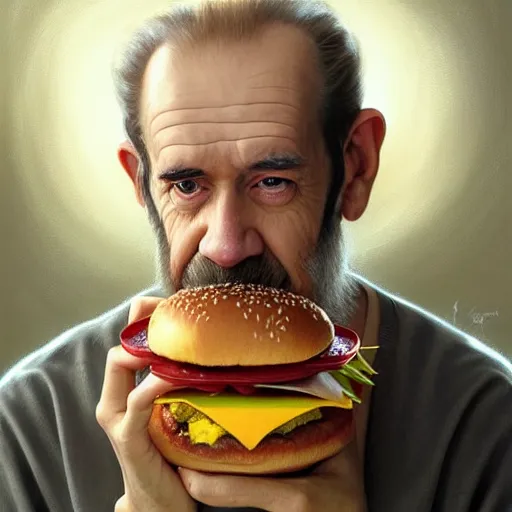 Prompt: portrait of george carlin eating hamburgers, extra onions and ketchup, luscious patty with sesame seeds, feminine ethereal, handsome, d & d, fantasy, intricate, elegant, highly detailed, digital painting, artstation, concept art, matte, sharp focus, illustration, art by artgerm and greg rutkowski and alphonse mucha