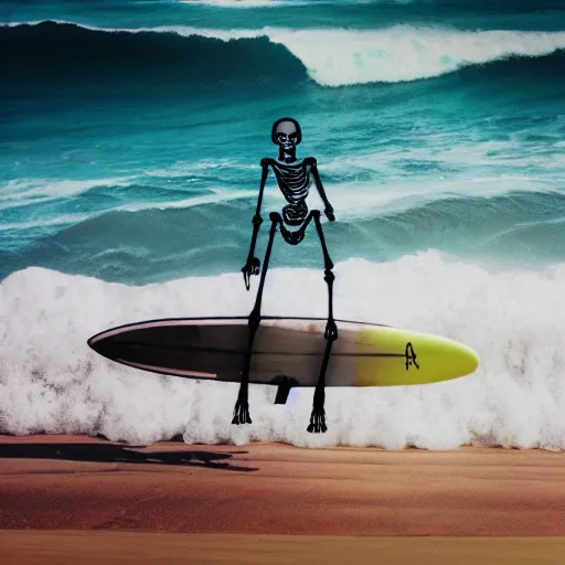 Prompt: photorealistic skeleton hanging ten on a surfboard over a wave