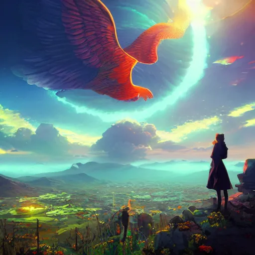 Image similar to optimism, the solarpunk phoenix, red bird, ornate egg, regeneration, landscape, epic composition, volumetric light, bokeh, painting by ilya kuvshinov and by makoto shinkai