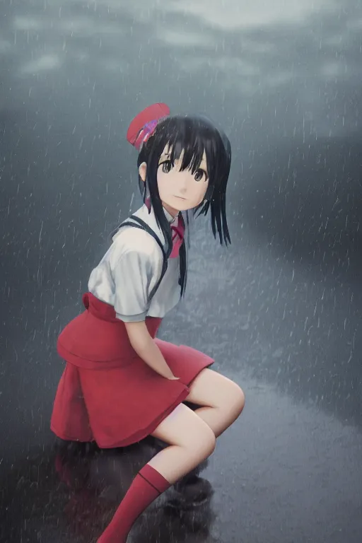 Image similar to art by hayao miyazaki, by hiro kiyohara 3d octane render portrait a stern schoolgirl in Japanese maid's clothes and long stockings sits on a wet Japanese street in the rain at night, trending on artstation, anime colors, polaroid, vintage, foggy, volumetric light, cinematic render, UE 4, RTX, oil painting