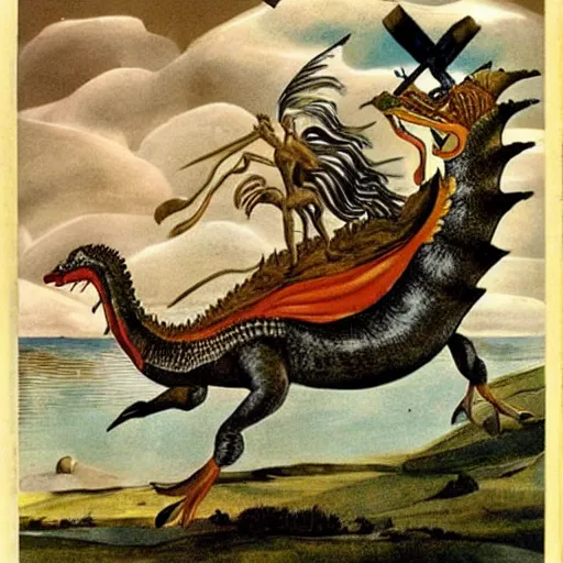 Image similar to atilla the hun riding a spinosaurus running away from a tornado, in the style of Salvador Dali