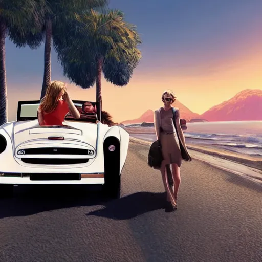 Image similar to highly detailed painting emma watson and jennifer lawrence driving a cabrio along a costal scenic route, gta 5 cover art style, 8 k, radiant light, detailed and intricate environment, trending on artstation