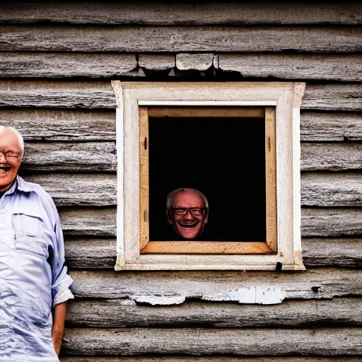 Image similar to several smiling old men seen through a small window