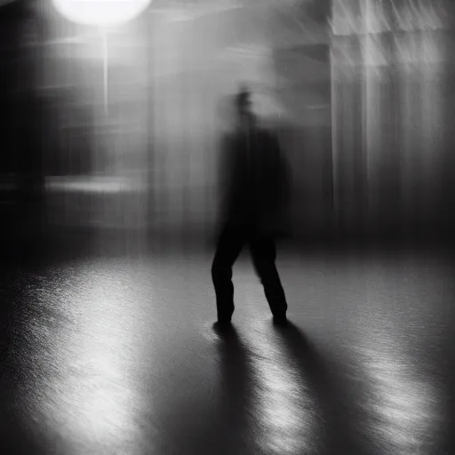 Image similar to an abstract photograph of a lonely male shadowy figure, he is dancing, there is a dark street, it is flooded with water, long exposure, motion blur, 35mm, black-and-white