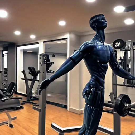 Image similar to “ a realistic detailed photo of a guy who is an attractive humanoid who is half robot and half humanoid, who is a male android, football player christian mccaffrey, shiny skin, posing like a statue, blank stare, at the gym, on display ”