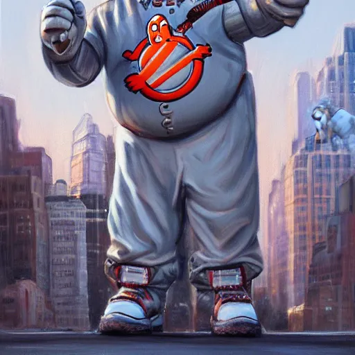 Image similar to the ghostbusters stay puff marshmallow man wearing timberland shoes and hat while smoking a joint and walking in new york city, highly detailed portrait, digital painting, artstation, artstation hq