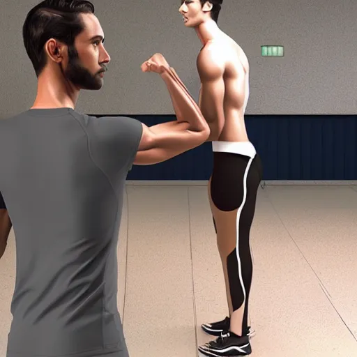 Image similar to a realistic detailed photo of a guy who is an attractive humanoid who is half robot and half humanoid, who is a male android, attractive and handsome jogger, shiny skin, posing like a statue, blank stare, in a factory, on display, showing off his muscles, wearing gym shorts, side view, looking at each other mindlessly