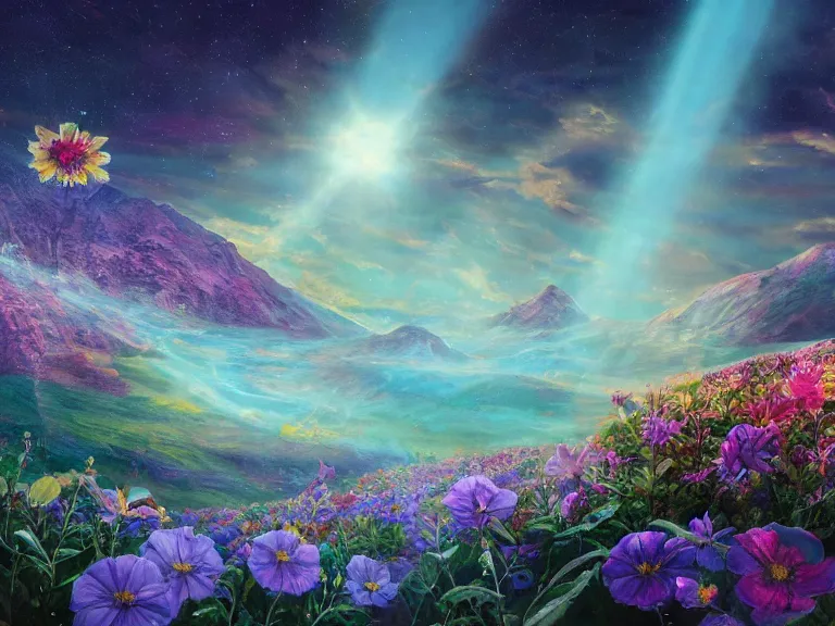 Prompt: a fine fantastic realist comic book style painting of a glorious place where the heavens open to the great cosmos, where flowers are launched into the unknown 8 k, ultra realistic, lens flare, atmosphere, glow, detailed, intricate, full of colour, cinematic lighting, trending on artstation, 4 k, hyperrealistic, focused, extreme details, unreal engine 5, cinematic, masterpiece