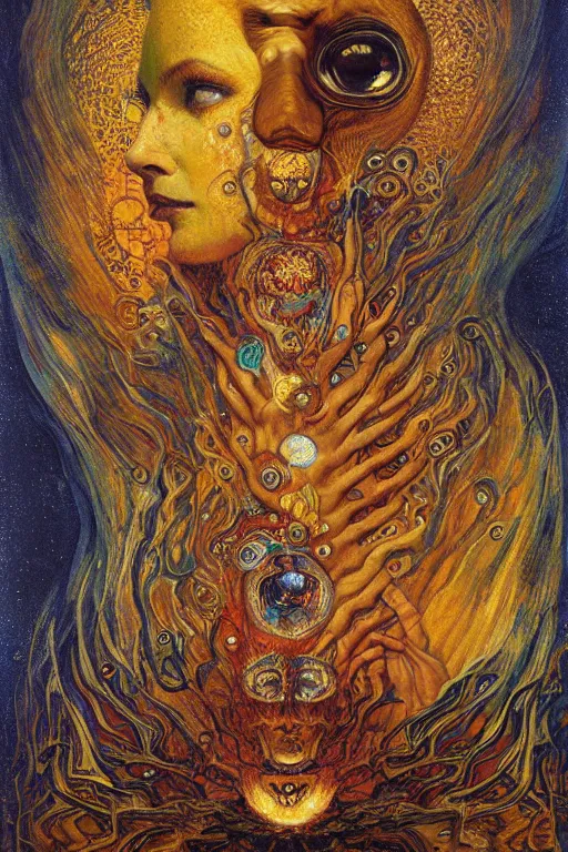 Image similar to Visions of Hell by Karol Bak, Jean Deville, Gustav Klimt, and Vincent Van Gogh, infernal, visionary, otherworldly, fractal structures, ornate gilded medieval icon, third eye, hellfire, spirals