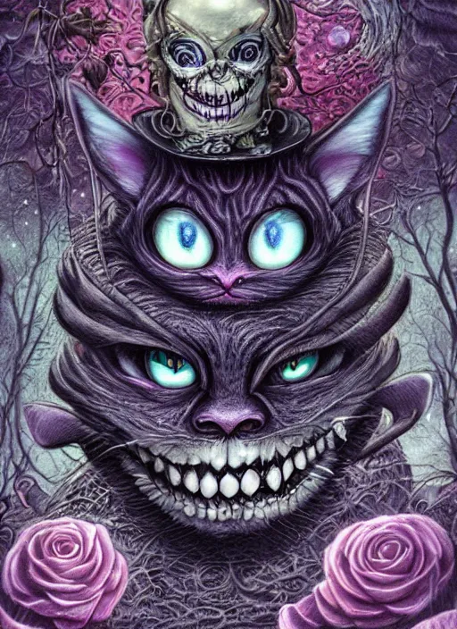 Image similar to cheshire cat the magician tarot card, highly detailed, half skull face, cinematic, 8 k, bymegan duncanson, benjamin lacombe, naoto hattori, adrian borda, giger, trending on deviantart, hyper detailed, horror, full of colour